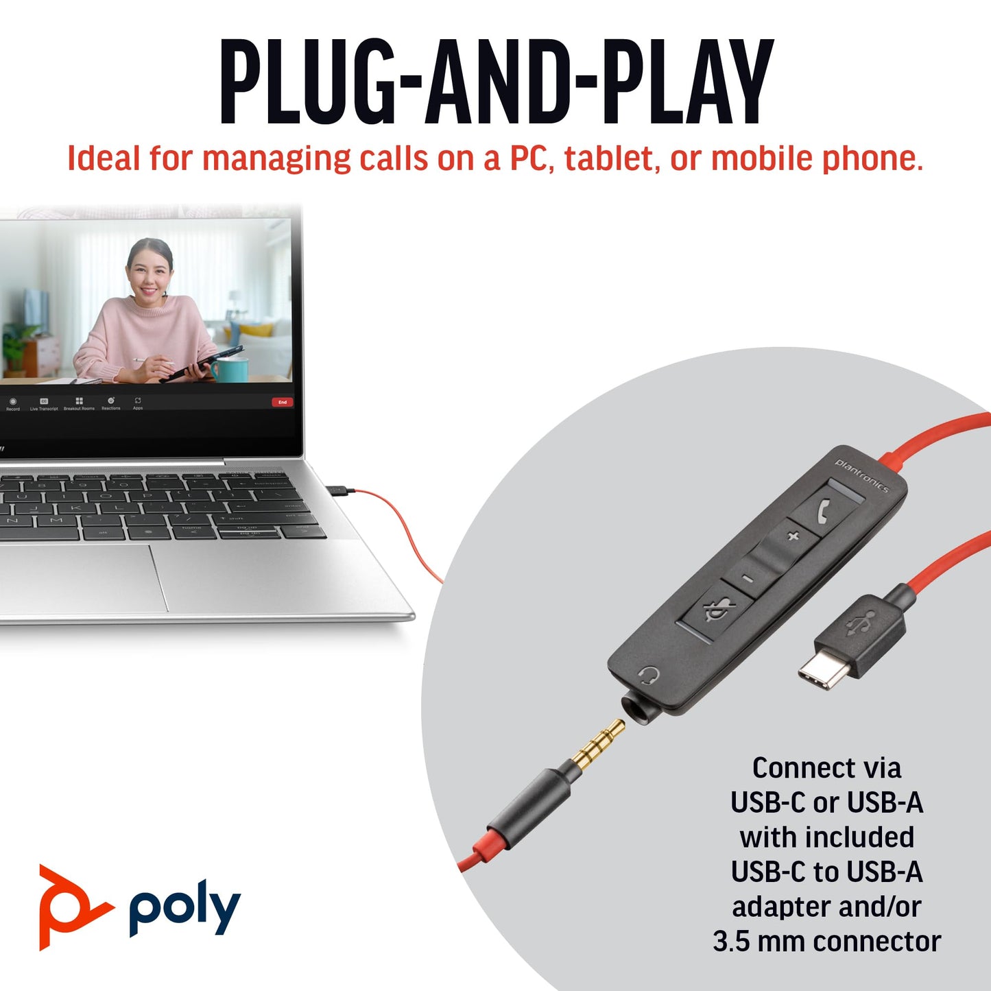 Poly Blackwire 3225 Wired Headset (Plantronics) - Noise-Canceling Mic – Stereo Design - Connect to PC/Mac/Mobile via USB-C, USB-A, or 3.5mm - Works w/Teams, Zoom - Amazon Exclusive