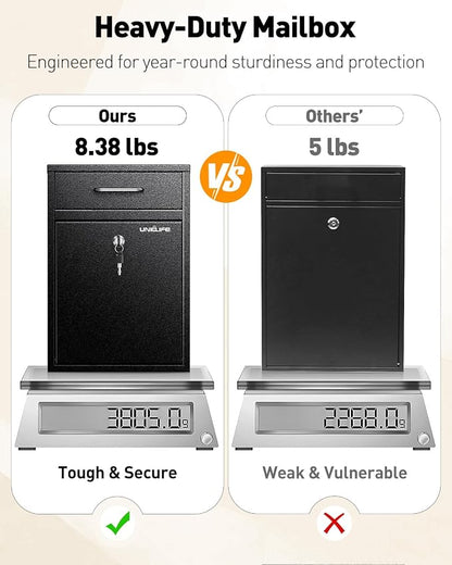 Uniclife Wall Mount Mailbox for Outside, Anti-Theft Heavy Duty Locking Mailbox, Large Mailbox with Key Lock, Security Mail Box, Safe Key Drop Box, Post Box, Steel Cash Drop Box for Home Office, Black