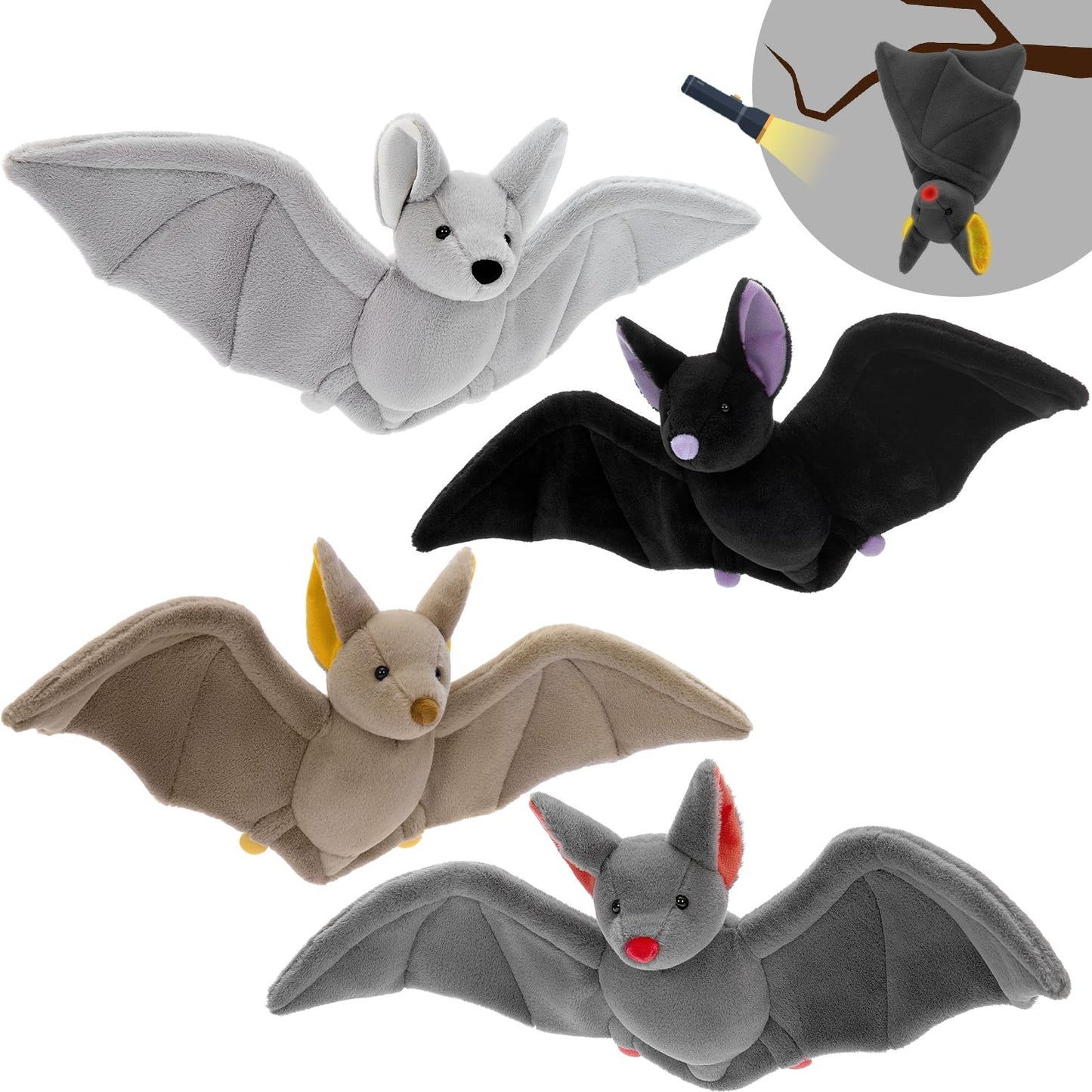 Tezituor 4 Pcs Large Bat Stuffed Animals Set, 22 Inch Realistic Big Stuffed Bat Plush Grow in the Dark for Party Decoration, Cute Bat Plush Bulk for Boys Girls