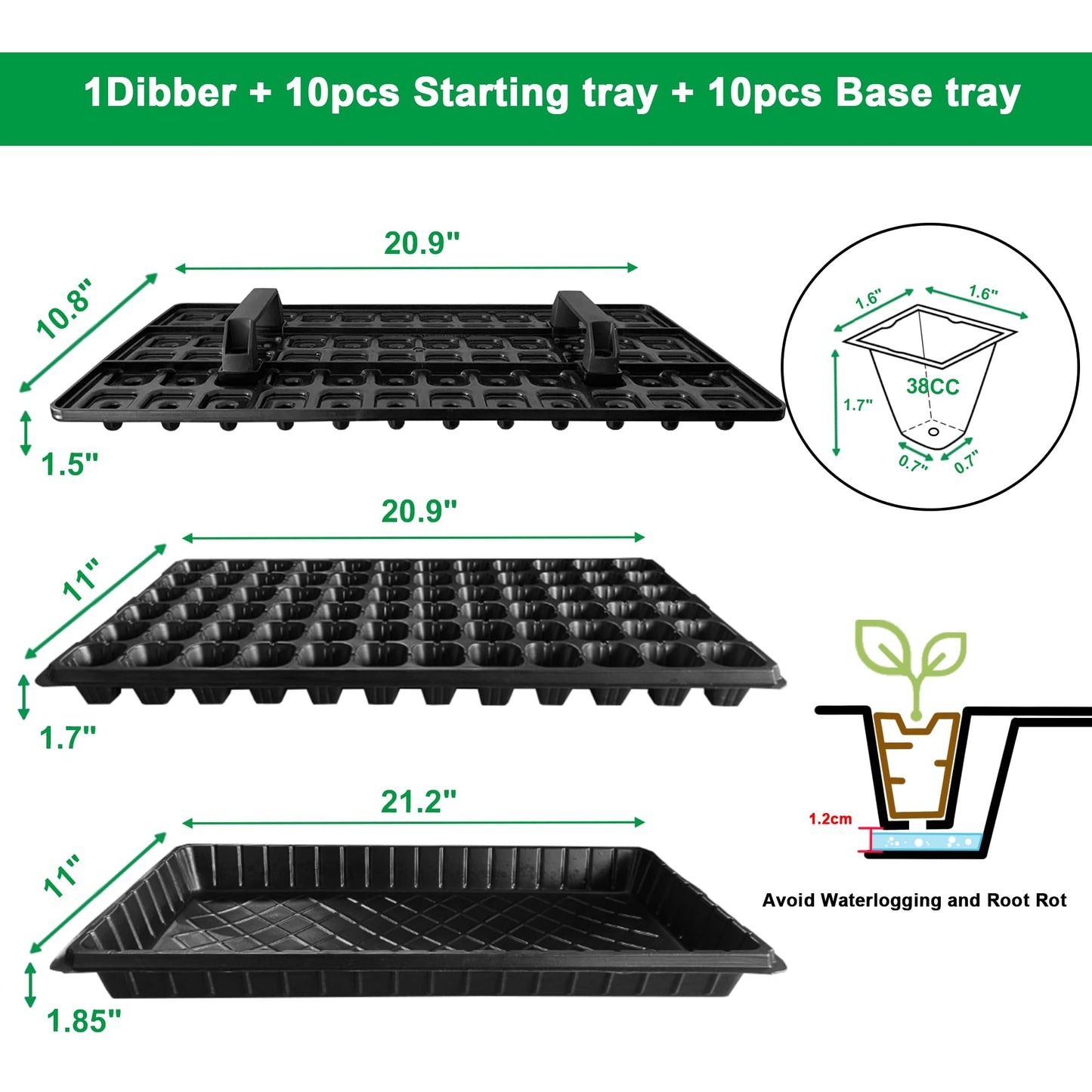 Oscorna (20Pack) 72-Cell Seed Starter Trays with Dibber, 10 Pack Nursery Starting with Base Tray, 72 Hole Soil Digger for Setting Out Quickly, Seedling Planting Tray, Germination Kit Trays Reusable