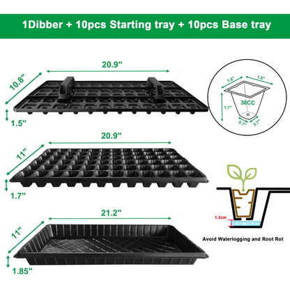 Oscorna (20Pack) 72-Cell Seed Starter Trays with Dibber, 10 Pack Nursery Starting with Base Tray, 72 Hole Soil Digger for Setting Out Quickly, Seedling Planting Tray, Germination Kit Trays Reusable