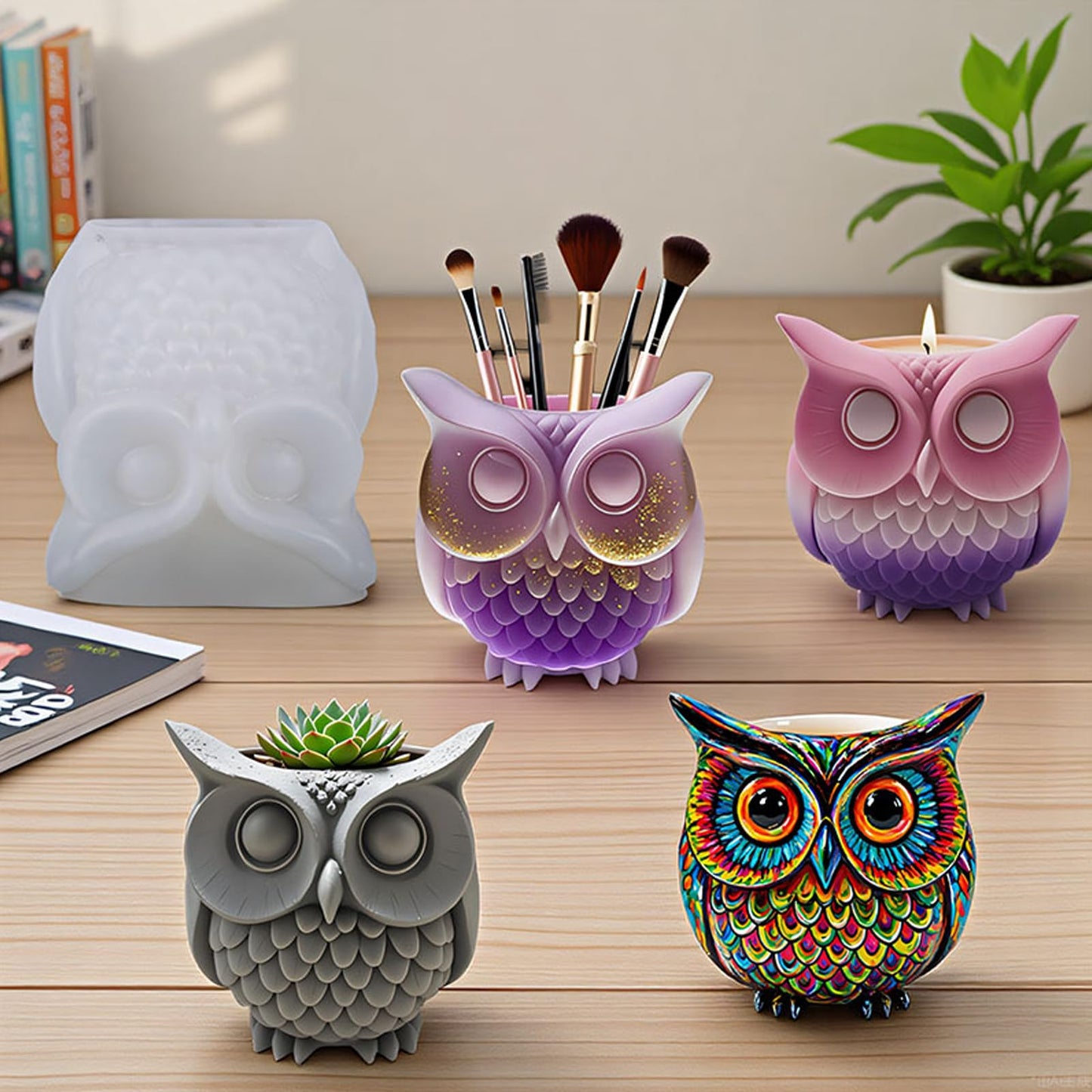 QUDYNZAL 1Pc 3D Owl Epoxy Resin Silicone Mold Animal Plaster Storage Box Candle Mold for Pen Holders Concrete Clay Art Crafts DIY Home Decor Potted Plant Decorations Halloween Party Gifts Storage Box