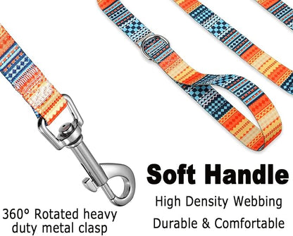 Mihqy Dog Collar and Leash Set with Bohemia Floral Tribal Geometric Patterns - Soft Ethnic Style Collar Adjustable for Small Medium Large Dogs(Bohemian Orange Set,S)