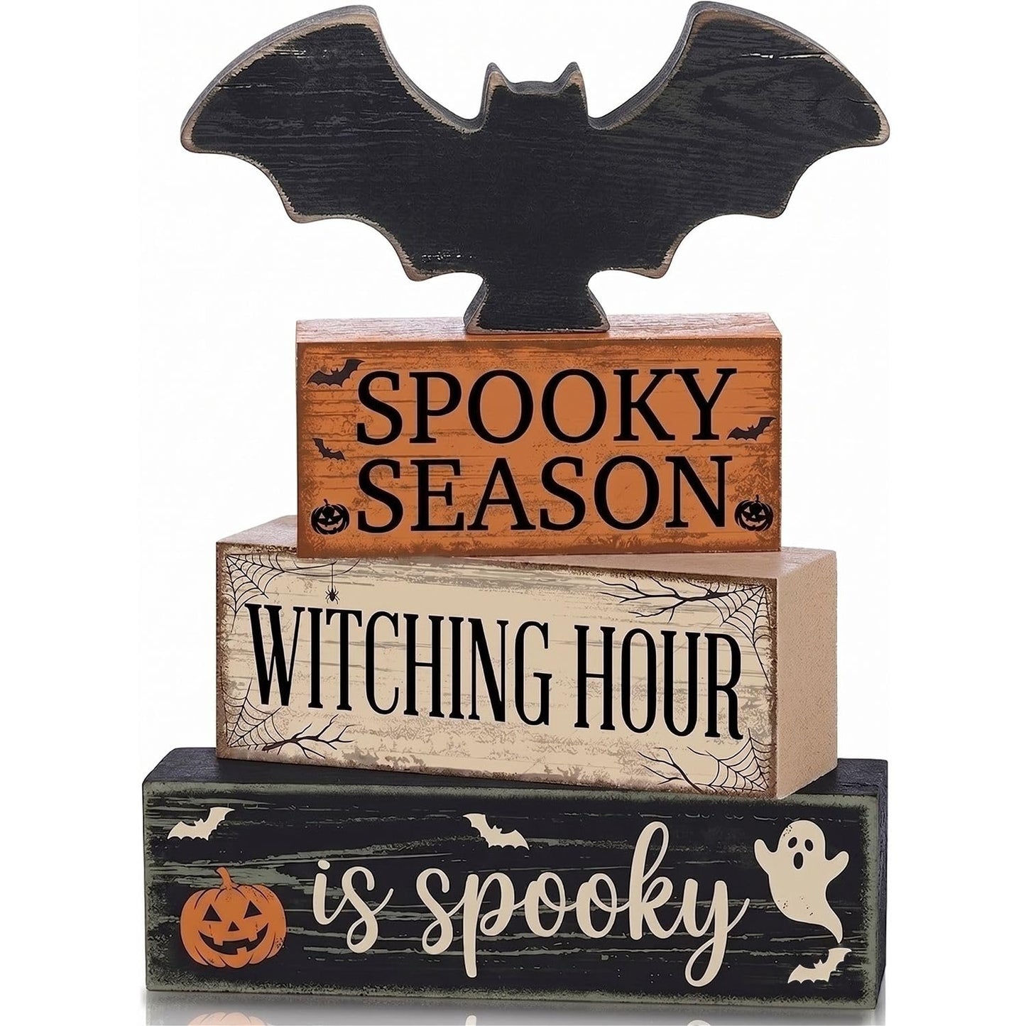 4 Pcs Halloween Table Decorations, Wooden Bat Tiered Tray Decor, Farmhouse Rustic Block Signs, Spooky Season Tabletop Centerpiece for Home Kitchen Shelf Office Mantel