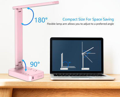 Drevet LED Desk Lamp, Desk Light with 1 USB Charging Port and 2 AC Power Outlet, 3 Lighting Modes, 3 Level Brightness,1H Timer, Touch Control, Eye-Caring Home Office Foldable Table Lamp (Pink)