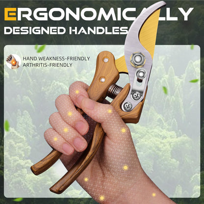 DECERK® 8.5" Premium Bypass Pruning Shears – Wood Grain Finish with Gold Titanium Blade, Japanese SK5 Steel, Balanced Ergonomic Handle for Precise Garden Trimming, Timeless Gardening Companion