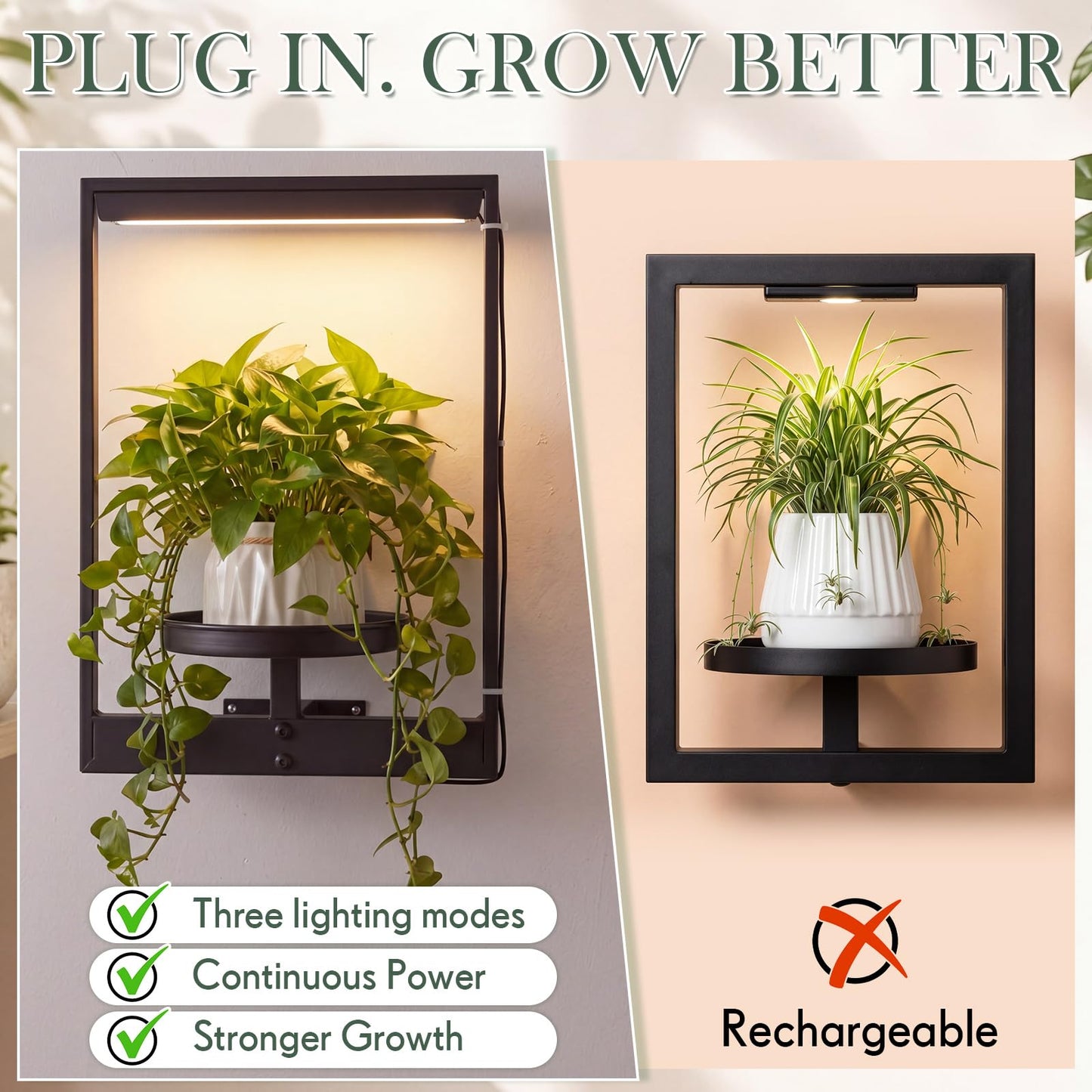 Yiyiring 3 Pack Wall Plant Holders with Remote Grow Lights, Indoor Plants Holders, Plants Shelves Hanging Planters, Wall Mounted Framed Plant Holder for Indoor Living Room Decor