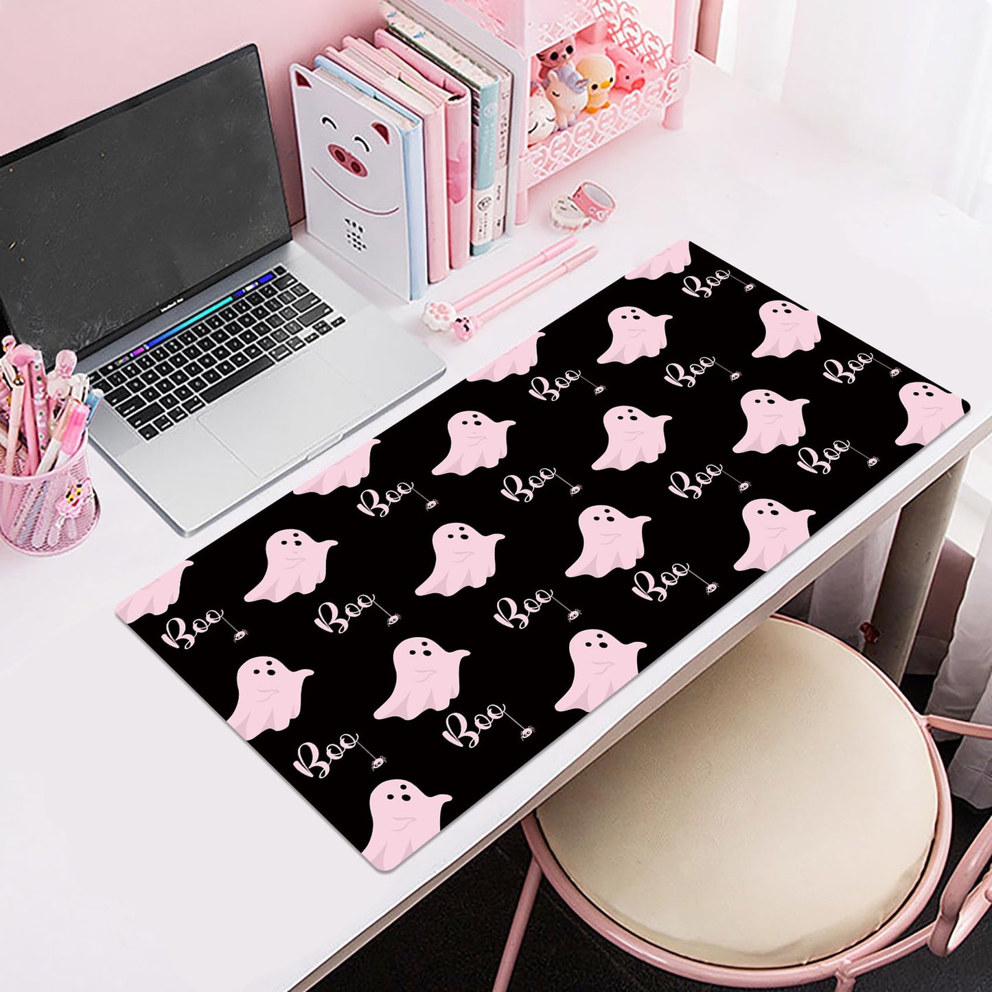 LB Funny Halloween Mouse Pad Cute Pink Ghost on Black Desk Mat for Keyboard and Mouse Desk Pad Large Gaming Mousepad Rubber Base Mouse Pad for Laptop Gaming Office Computer and Home, 31.5x15.7 inch
