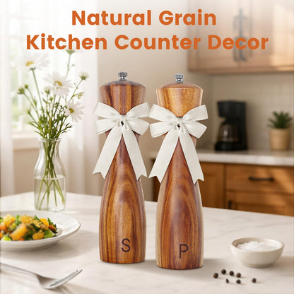 DZDOV Wedding Gifts for Couples 2026: Acacia Wood Salt and Pepper Grinder Set with Bow Design - Kitchen Counter Decor