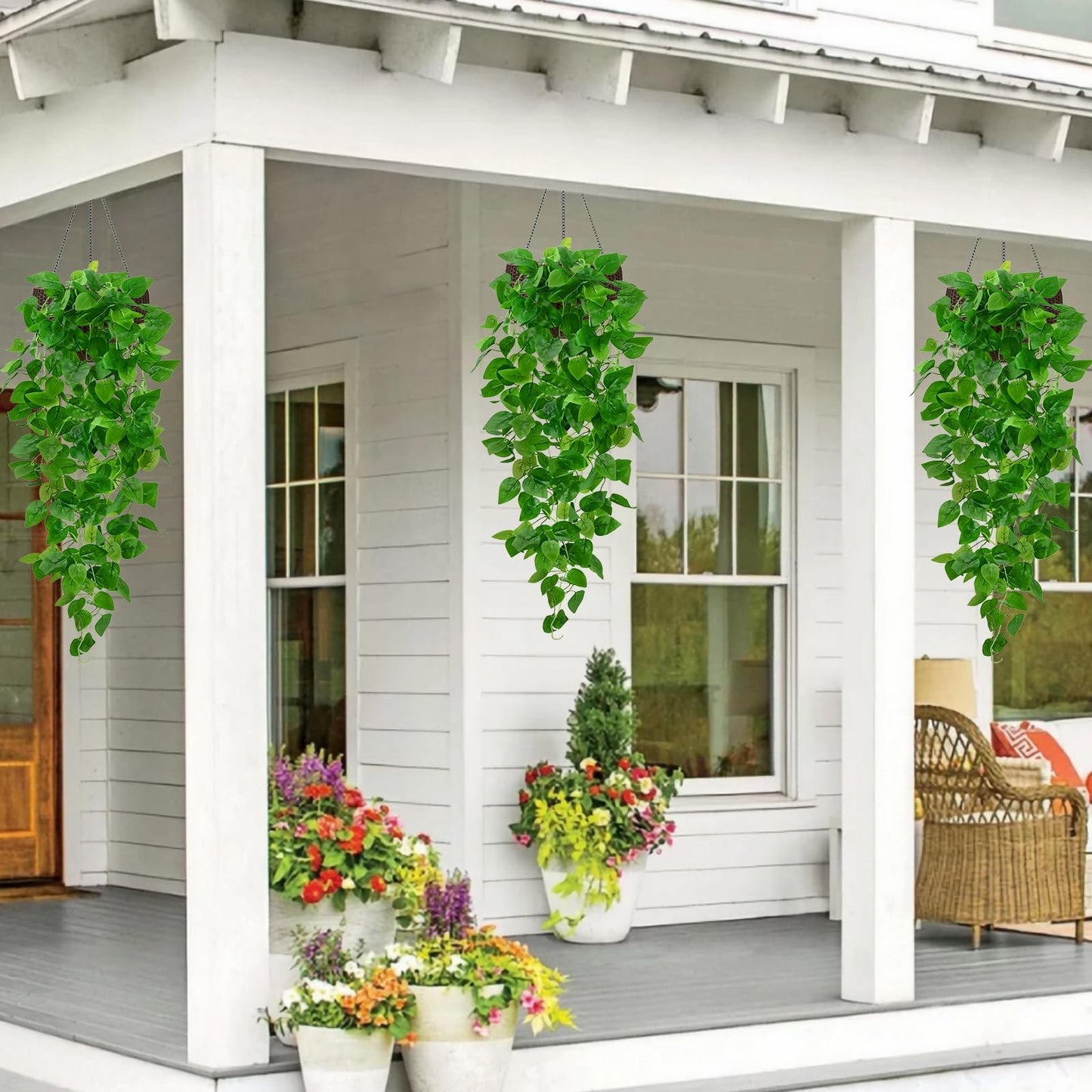 BLEUM CADE 8Pcs Fake Hanging Plants, 9 Branch Artificial Hanging Plant, Lush Faux Pothos Vines for Home Room Wall Shelf Porch Outdoor Indoor Decor (No Baskets)