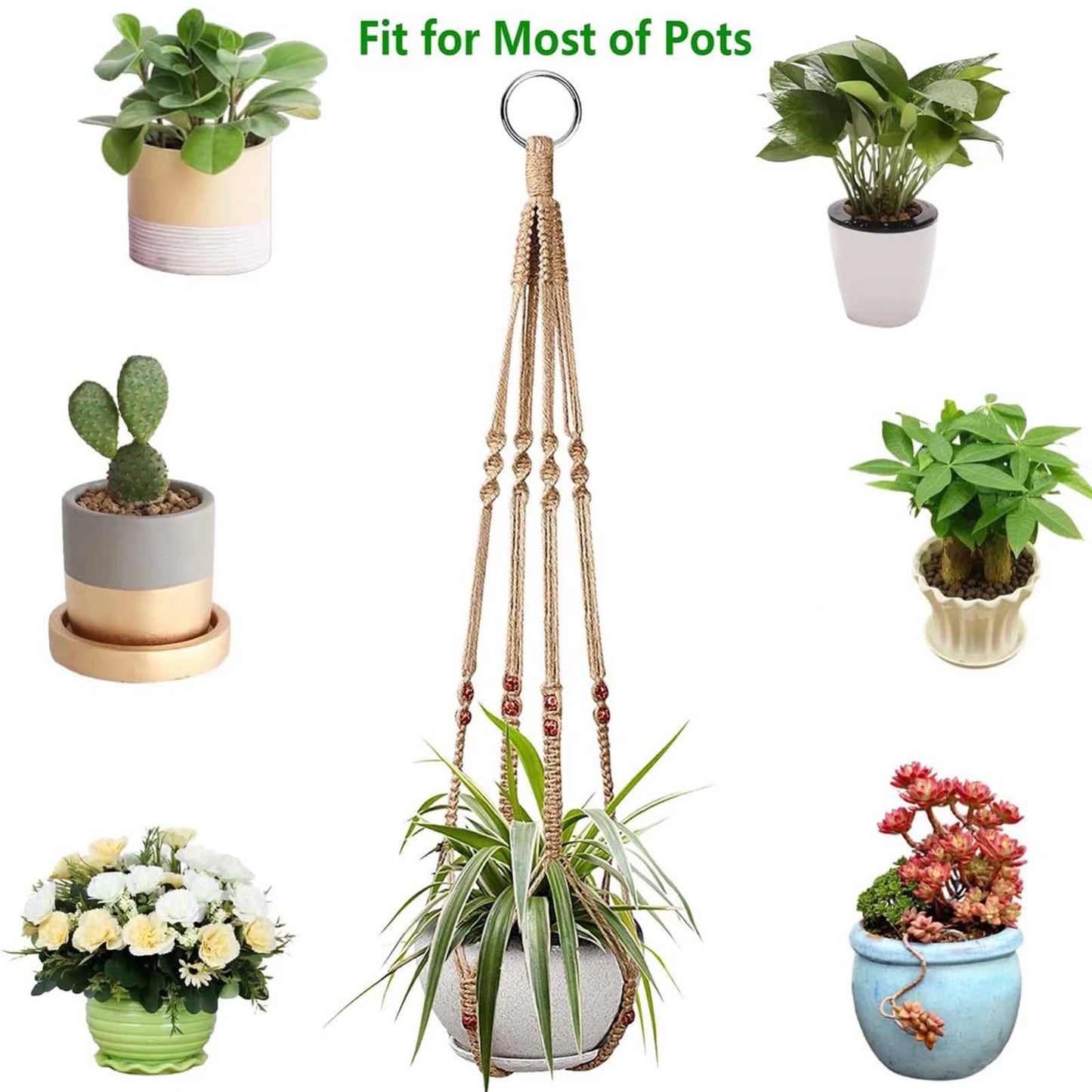 Macrame Plant Hanger 3 Pack Ceiling Plant Hanger 35'' Brown Hanging Planter Holder Boho Handmade Plant Jute Rope with 6 Hooks and Beads for Indoor Outdoor Home Balcony Decor, Fit Max 12'' Flower Pot