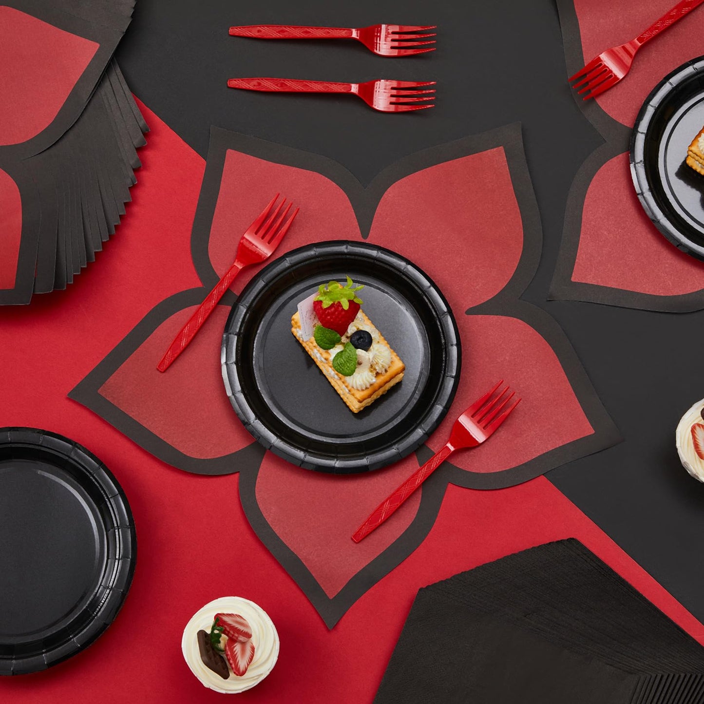 Yungyan 96 Pcs Spooky Rustic Black and Red Birthday Party Supplies Tableware Set Plates, Forks, Napkins and Flower Disposable Placemats for Gothic Birthday Spooky Theme Fiesta Party Decorations Serves