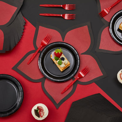 Yungyan 96 Pcs Spooky Rustic Black and Red Birthday Party Supplies Tableware Set Plates, Forks, Napkins and Flower Disposable Placemats for Gothic Birthday Spooky Theme Fiesta Party Decorations Serves