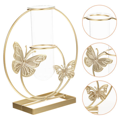 BESPORTBLE Hydroponic Desktop Vase Ornament with Butterfly Pattern, Round Glass Plant Terrarium, Metal Framed Flower Vase for Home Décor and Living Room Table Display