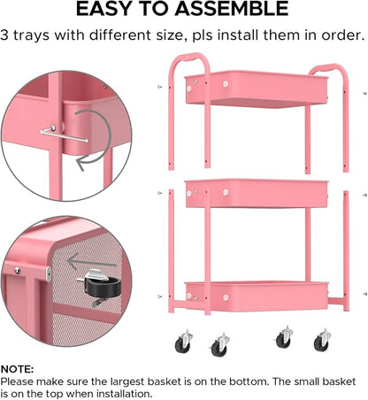 MAX Houser 3-Tier Rolling Utility Cart with Caster Wheels,Easy Assembly, for Kitchen, Bathroom (Pink)