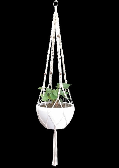 Hanpo Rope Macrame Plant Hanger Hanging Planter 4 Legs 59 Inch for 12-13 inch Plant Pot, Without Pot and Plant (Cream-Cotton)