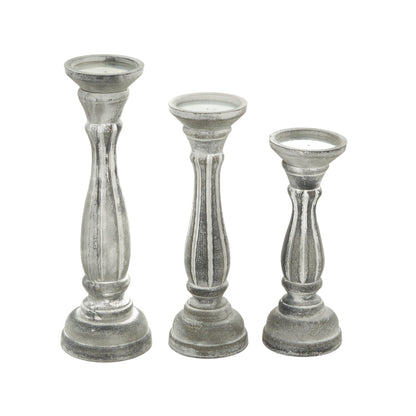 Deco 79 Wooden Decorative Candle Holder Distressed Turned Candle Stand, Set of 3 Candlestick Holder 15", 13", 11"H, Gray
