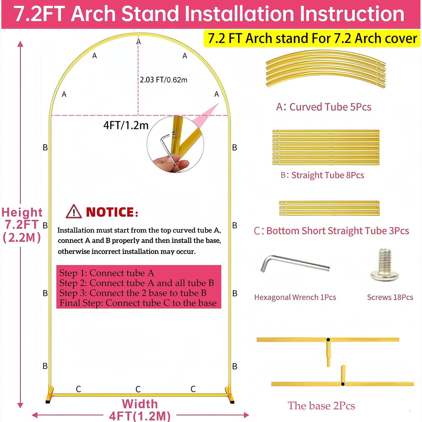 Metal Arch Backdrop Stand 7.2FT Gold Wedding Balloon Arched Backdrop Stand Square Arch Frame for Birthday Valentines Day Party Bridal Baby Shower Ceremony Decoration