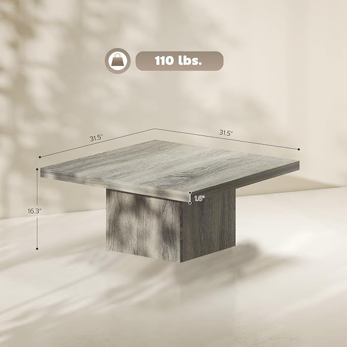 HOMCOM Square Coffee Table, Center Table with 1.6" Thick Tabletop for Living Room, Easy Assembly, 31.5"x31.5", Gray Wood Grain