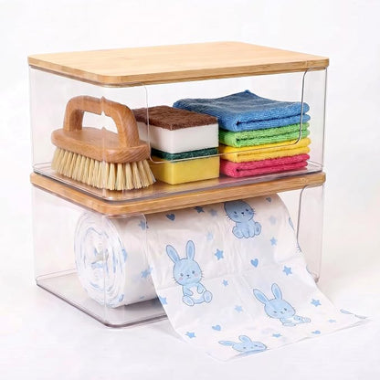 2 Pack Trash Bag Holder, Stackable Garbage Bag Dispenser with Lid | Clear Plastic Organizer with Bamboo Lid, Space-Saving Under Sink Storage for Kitchen, Laundry Room, Pantry & Cabinet