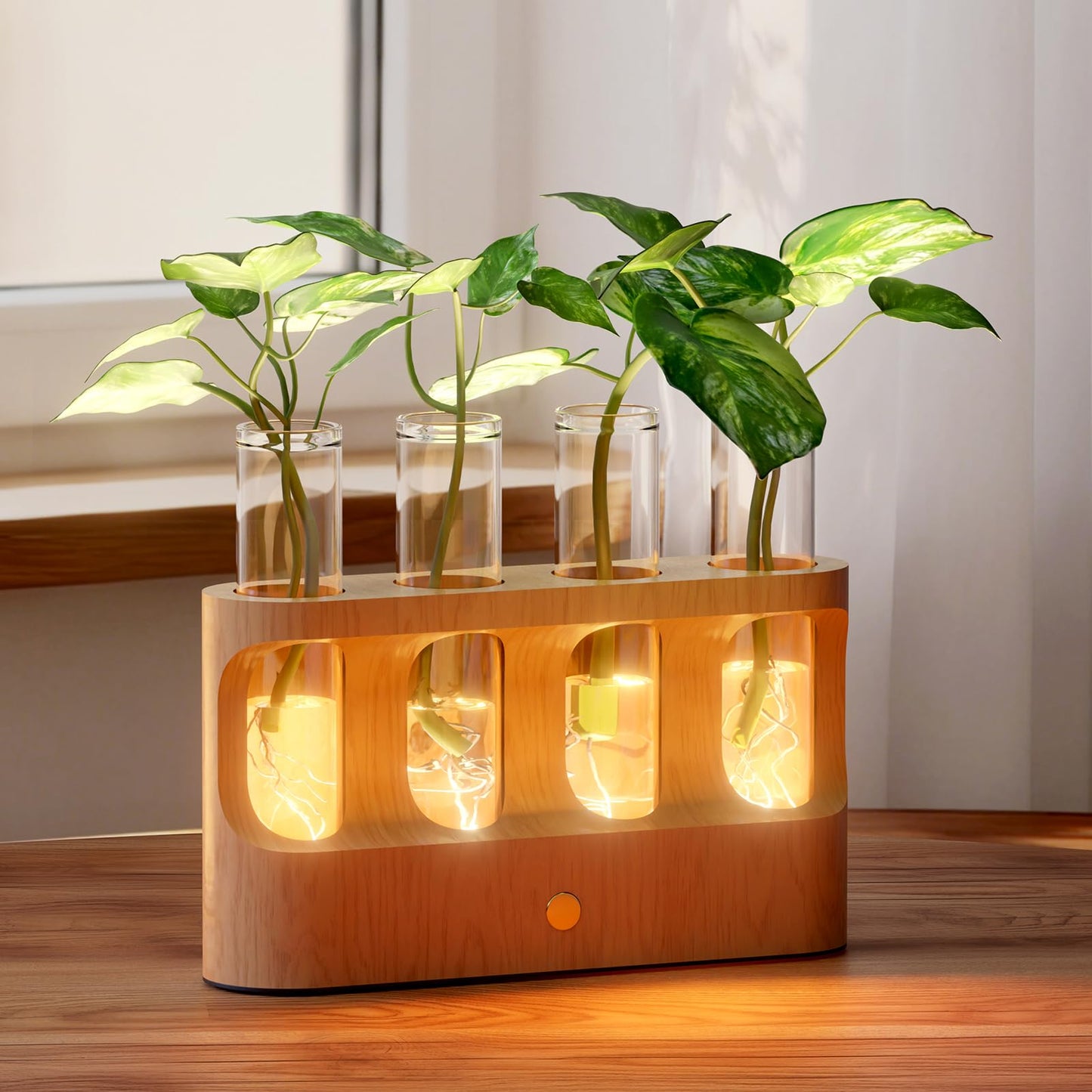 Lightalent Rechargeable Plant Propagation Station with Stepless LED Light, Wooden Stand & 4 Propagation Test Tubes, Hydroponic Plant Terrarium for Indoor Home Decor, Gift for Plant Lovers and Mothers