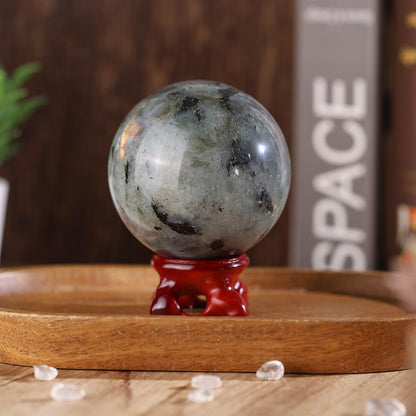 Rockcloud Natural Labradorite Crystal Ball with Resin Stand, Polished Crystal Sphere Decorative Ball Sculpture Figurine for Meditation Fengshui Home Decor, 2.40-2.75 Inches