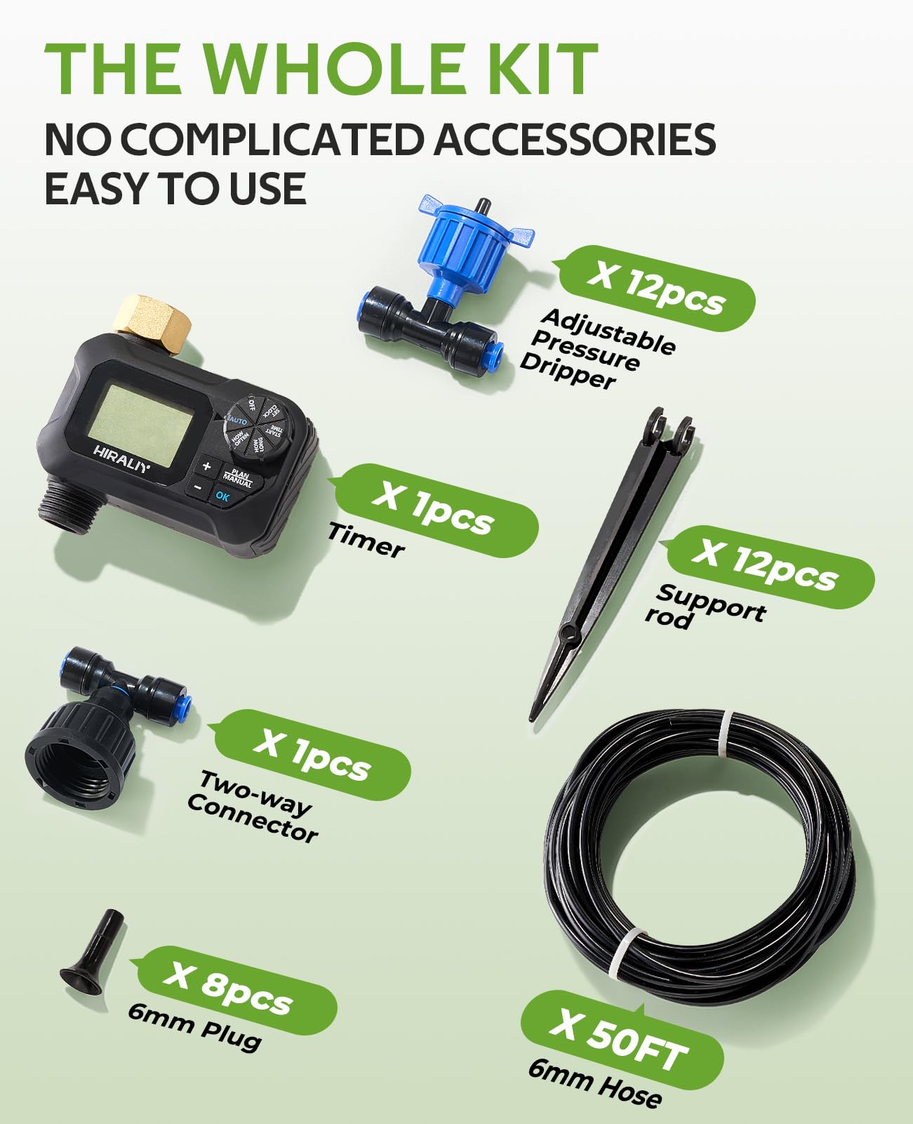 HIRALIY 50FT Pressure Compensated Drip Irrigation System with Timer, No-Leak Quick Connect Automatic Watering System, 12 Adjustable Emitters for Uniform Flow, Garden, Patio, Raised Bed