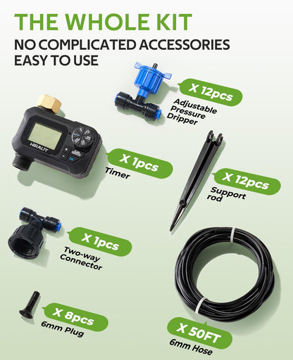 HIRALIY 50FT Pressure Compensated Drip Irrigation System with Timer, No-Leak Quick Connect Automatic Watering System, 12 Adjustable Emitters for Uniform Flow, Garden, Patio, Raised Bed