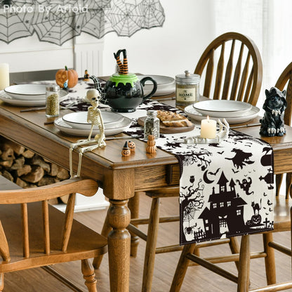 Artoid Mode Black White Spooky Haunted House Tree Ghost Witch Halloween Table Runner, Kitchen Dining Table Decoration for Home Party Decor 13x90 Inch