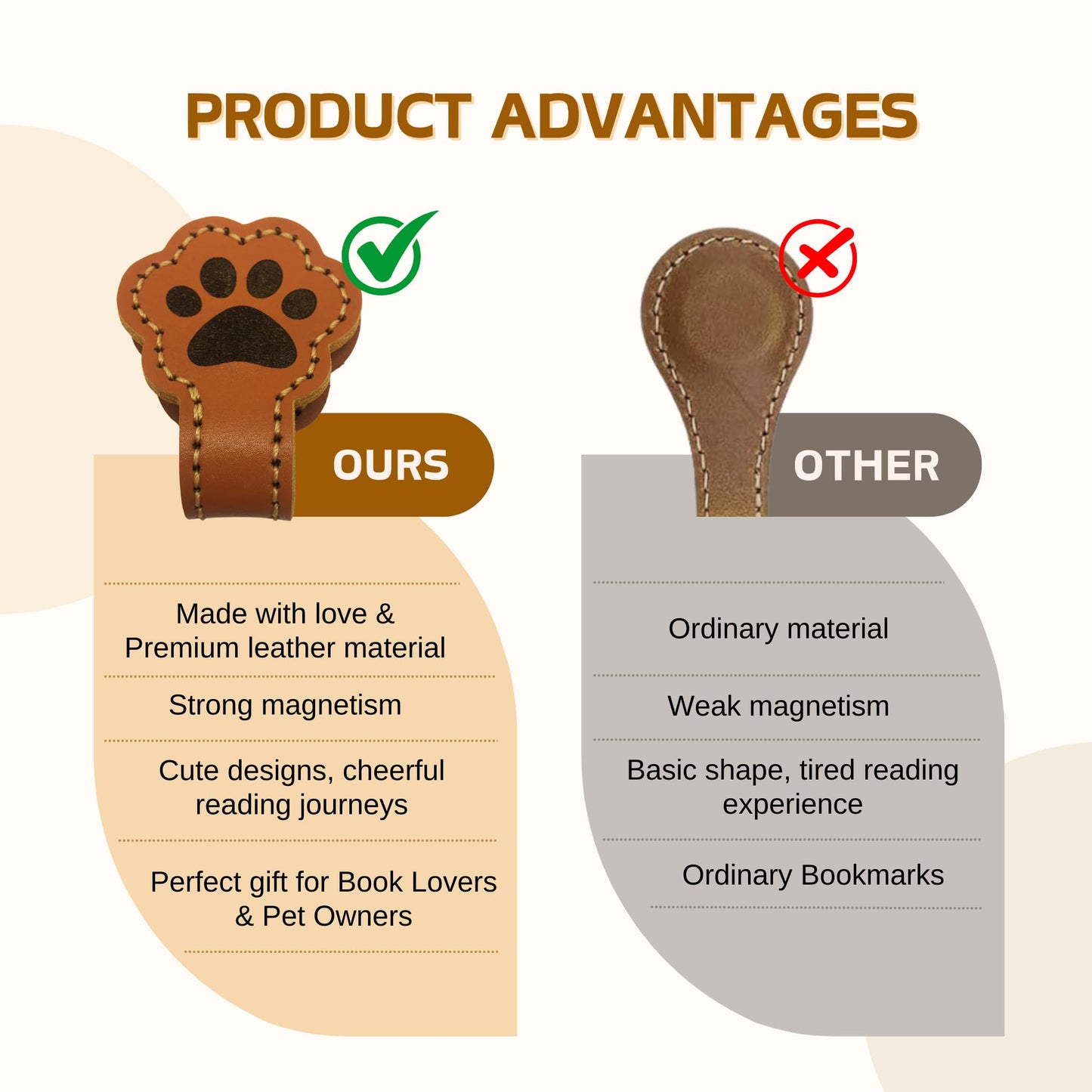 ALEACAR Magnetic Leather Bookmarks for Reading, Cute Dog Paw Shape Magnet Bookmark Clips for Women, Men, Kids, Magnetic Book Marks, Gifts for Book Lovers Teachers Students (1 Pack, Brown)