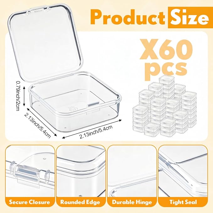 Jetec 60 Pieces Mini Plastic Clear Beads Storage Containers Box for Collecting Small Items, Beads, Jewelry, Business Cards, Game Pieces, Crafts (2.1 x 2.1 x 0.8 Inch)