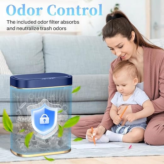 steo spce Bathroom Small Trash Can with Automatic Touchless Lid, 2.6 Gallon Smart Garbage Can Narrow Waterproof Trash Bin for Bedroom, Office, Living Room (Dark Blue)