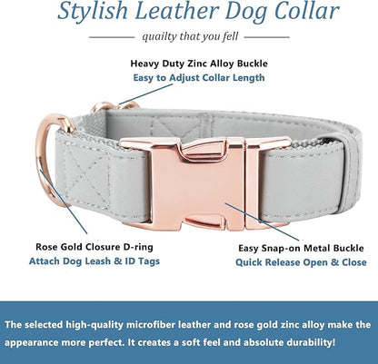 Dog Collar and Leash Set.Soft and Easy to Clean Vegan Leather with Rose Gold Metal Buckle for Small Medium Large Dogs (Grey, XS(8"-12"))