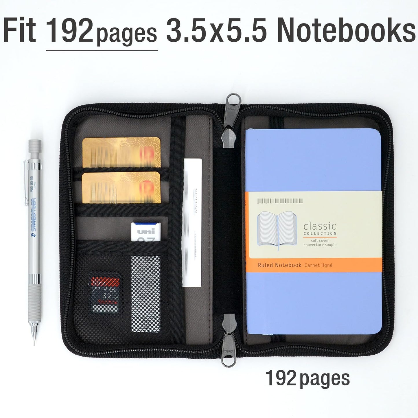 Krozur Journal Cover for 3.5”x5.5” Field Notes & Moleskine Cahier, YKK Zippers, Pocket Notebook Cover with Pen Holder, 3.5” x 5.5” Field Journal Planner Sketchbook Cover, Water Resistant, Black