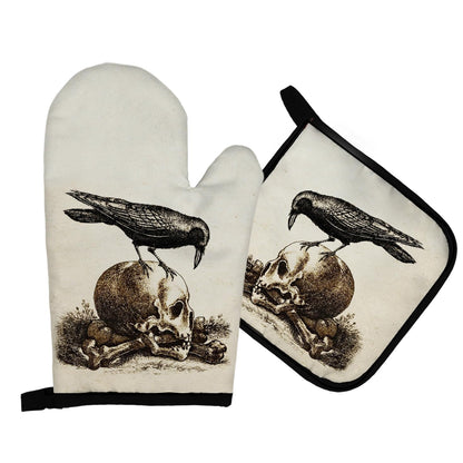 Mingnei Raven Skull Halloween Oven Mitts and Pot Holders Sets, Goth Raven Heat Resistant Potholder Kitchen Decor for Cooking Baking BBQ Grilling, Gothic Oven Glove Set, Gothic Gifts