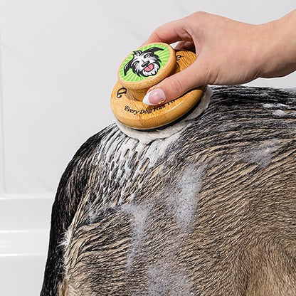 Doggy Style Large Bamboo Dog Bath Scrubber, Bamboo Handle with Soft Silicone Bristles, Shampoo & Massage Tool for Medium & Large Dogs