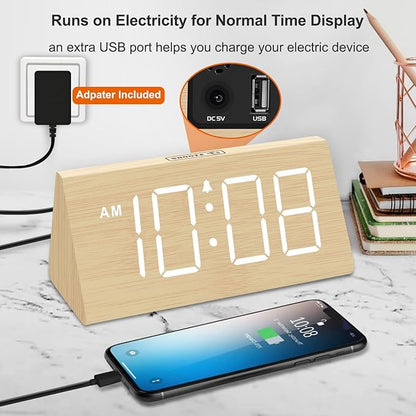 DreamSky Wooden Digital Alarm Clock for Bedrooms with Large Numbers | Electric Desk Clock, USB Port, Loud Alarm for Heavy Sleepers, Adjustable Volume, Dimmer, DST, Wood Décor Gifts, Plug in Clock