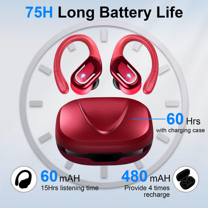 Wireless Earbud, 75Hrs Bluetooth 5.4 Headphones IP7 Waterproof for Sport, Running Wireless Earphones with ENC Noise Canceling Mics, Deep Bass Over Ear bud with Earhooks for Android, iOS, Workout, Gym