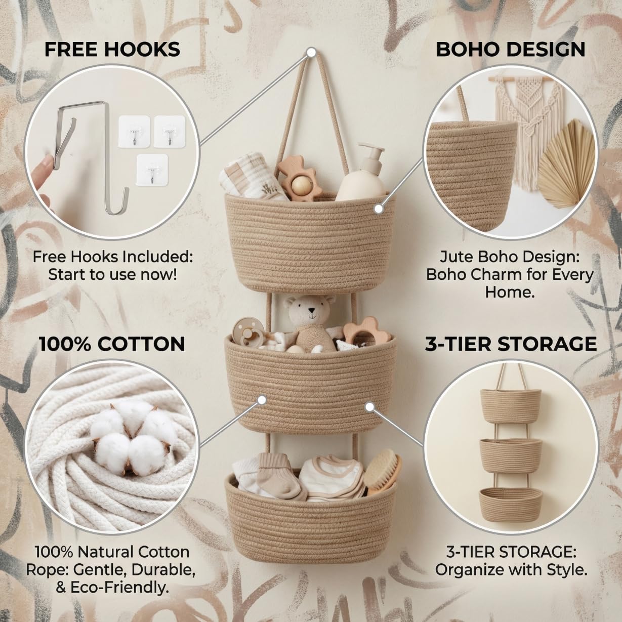 Britwicfr Hanging Wall Basket, Over the Door Hanging Basket with Hooks, Cotton Back of Door Organizer for Living Room, Bedroom, Boho Wall Decor, Toy Storage, Jute