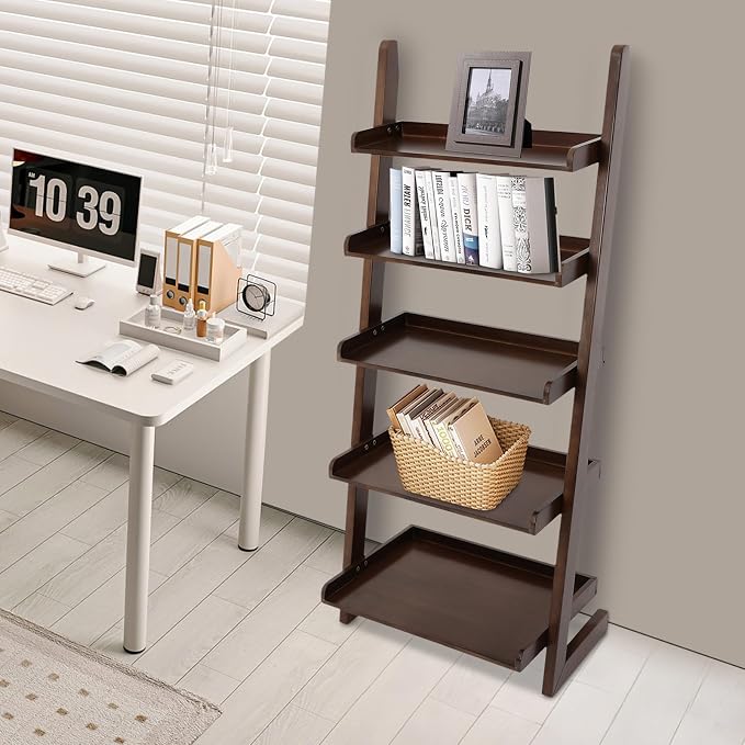 Ladder Bookshelf, 5 Tier Leaning Bookshelf Leaning Ladder Shelf with Stable Structure Rustic Style Ladder Shelves Storage Rack for Living Rooms, Bedrooms, Study Rooms (Walnut-Brown)