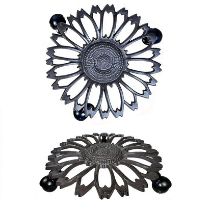 2 Pack Heavy-Duty Cast Iron Plant Caddy - 12" Rust Brown Ornamental Cast Iron Plant Stand with Wheels, Petal-Design Moveable Planter Holder for Indoor Outdoor Garden Patio Decor HC1511