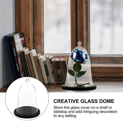 Cupcake Clear Glass Dome Cloche with Rustic Wooden Base Antique Bell Jar Display Dome for Plants Succulents Fairy Lights Photos Medals Decorative Fill and More Black Mini Cake Stand