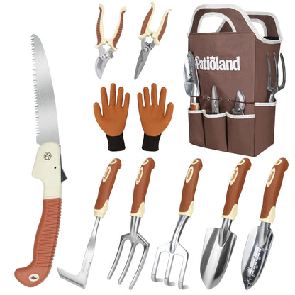 10-Piece Garden Tool Set, Brown Gardening Hand Tools Kit with Ergonomic Non-Slip Handles, Heavy Duty Rust-Proof Aluminum Tools, Organizer Tote Bag & Gloves, Ideal Gardening Gifts for Women and Men