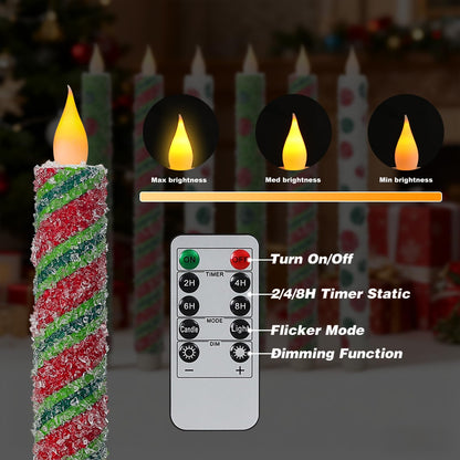 Christmas Elf Flameless Taper Candles - 6PCS Glitter Christmas Green Elf Theme Flickering LED Battery Operated Sea Salt Candles with Remote, Real Wax Party Decoration Candlesticks, Xmas Table Decor