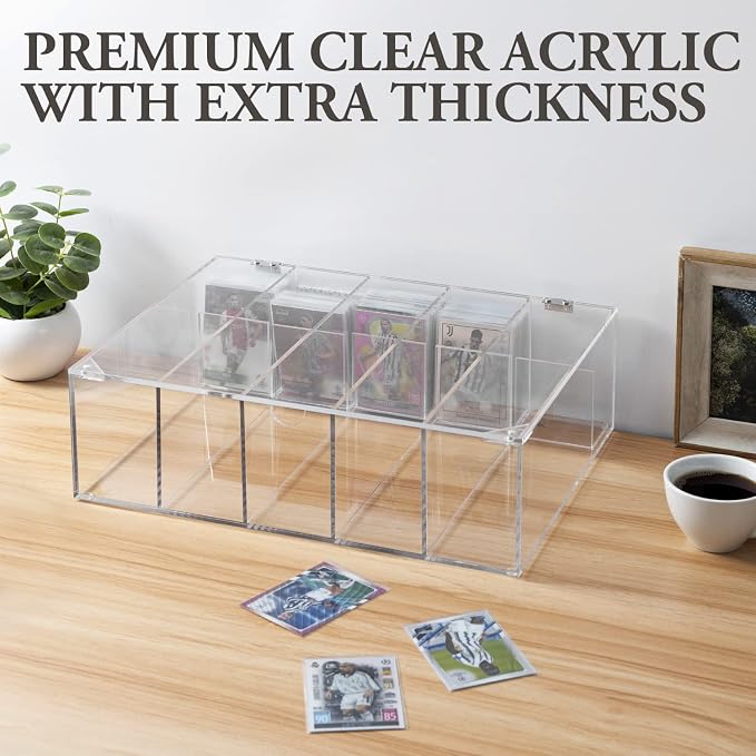 MyGift 5 Compartment Trading Cards Storage Box - Premium Clear Acrylic Collectors Sports Card Protective Case with Hinged Lid, Magnetic Closure, and Removable Dividers