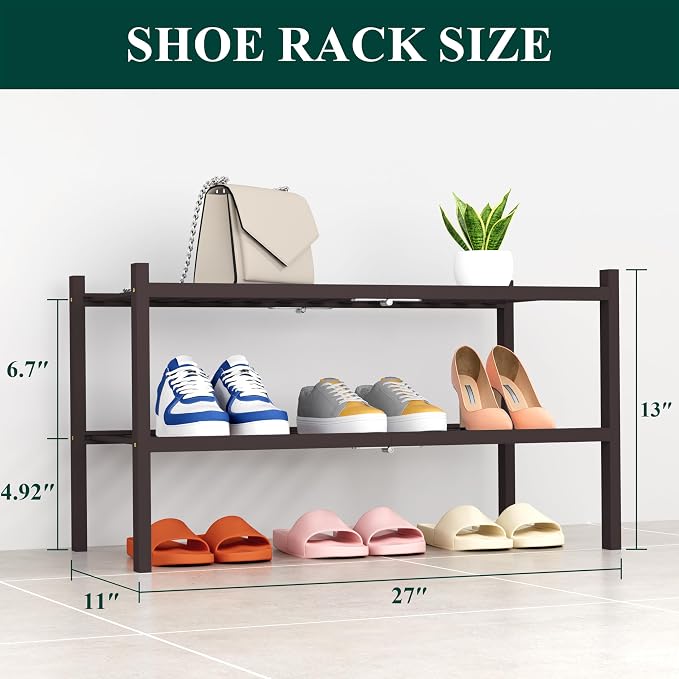 Smiry Bamboo Shoe Rack, 2 Tier Free Standing Wooden Shoe Organizer, Stackable Wood Shoe Storage Shelf for Closet, Entryway, 14 Vertical Slats, One-piece Heavy-Duty Legs, 26.8"x11"x13", Brown