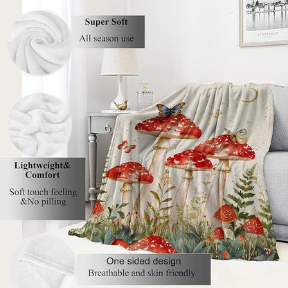 Red Mushroom Blanket Enchanting Forest Throw Blankets with Butterfly,Birthday Gifts for Girls Women & Nature Lovers,Lightweight Soft Fleece,for Sofa Couch Bed Room Fairy Tale Decor 40x50in