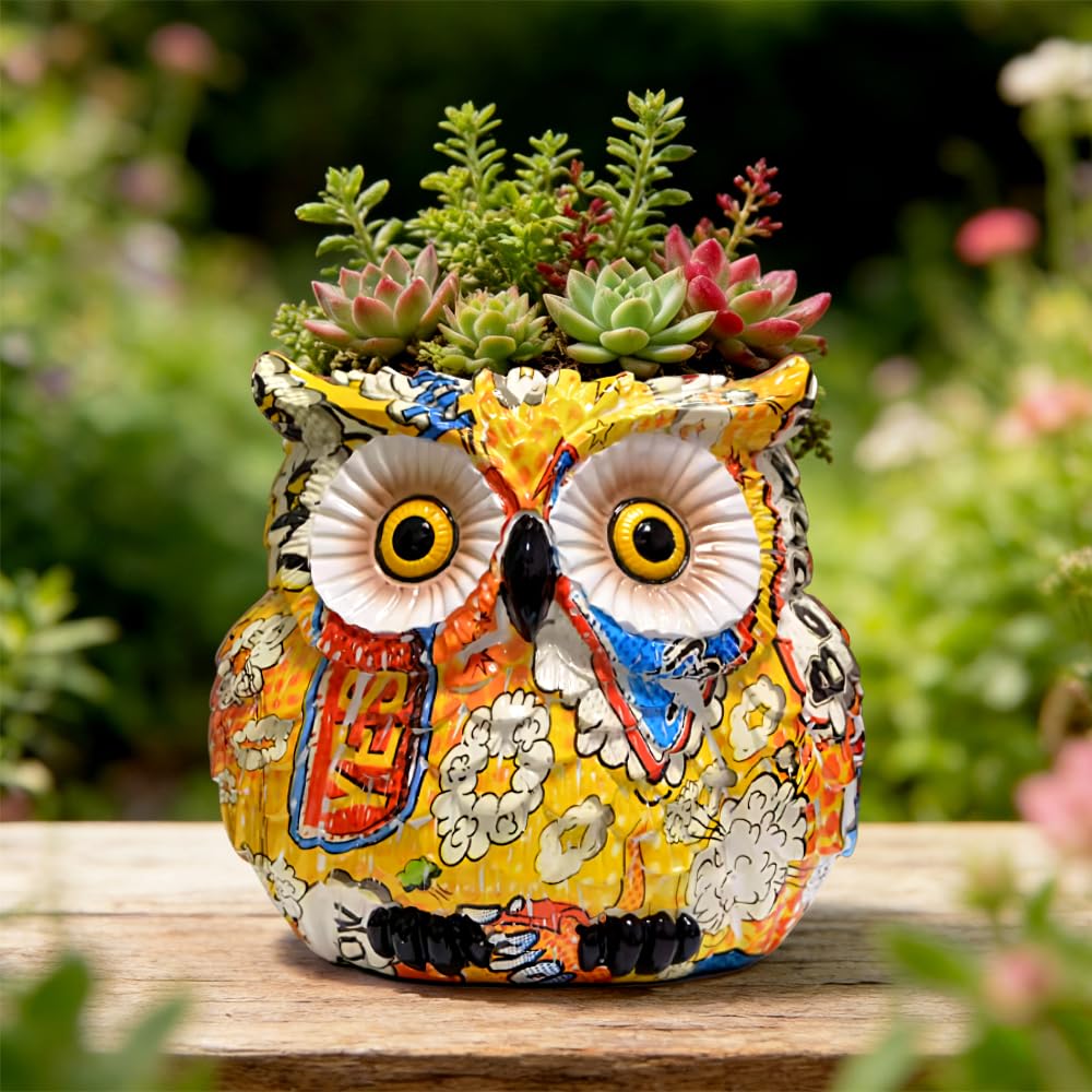 Midcentury Modern Decor Owl Planter, Bird Figurine Succulent Plant Pots for Plants, Small Sculptures Statue Flower Pot, Yellow Living Room Art Deco Planters Vase, Bookshelf Bedroom Home Decorations
