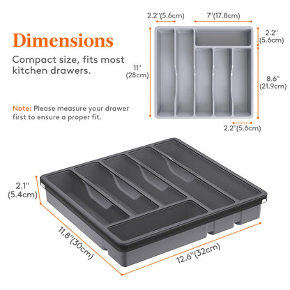 Lifewit Silverware Organizer with Lid, Covered Utensil Tray for Kitchen Drawer and Countertop, Plastic Cutlery and Flatware Storage Box for Spoons Forks Knives Holder Case, 6 Compartments, Black