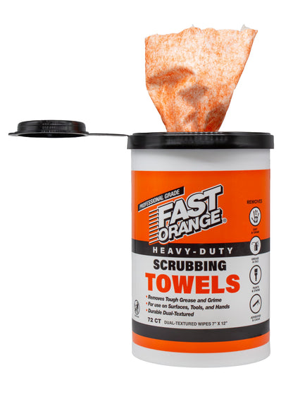 Fast Orange Heavy Duty Scrubbing Towels Removes Tough Grease, Grime, Paint, Resins, Glue and More, for Hands, Tools and Surfaces Without Sticky Residue, 72 ct